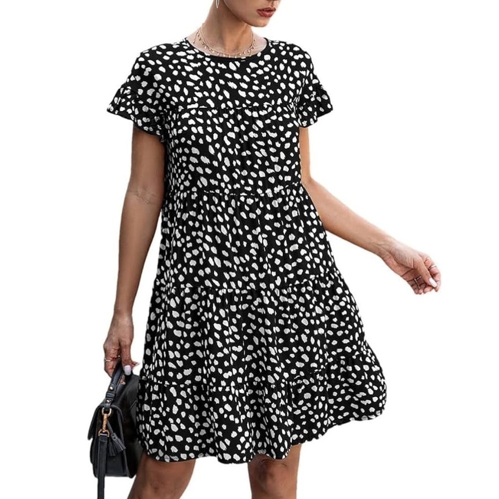 KIRUNDO Babydoll Tiered Casul Black and White Dress (963)